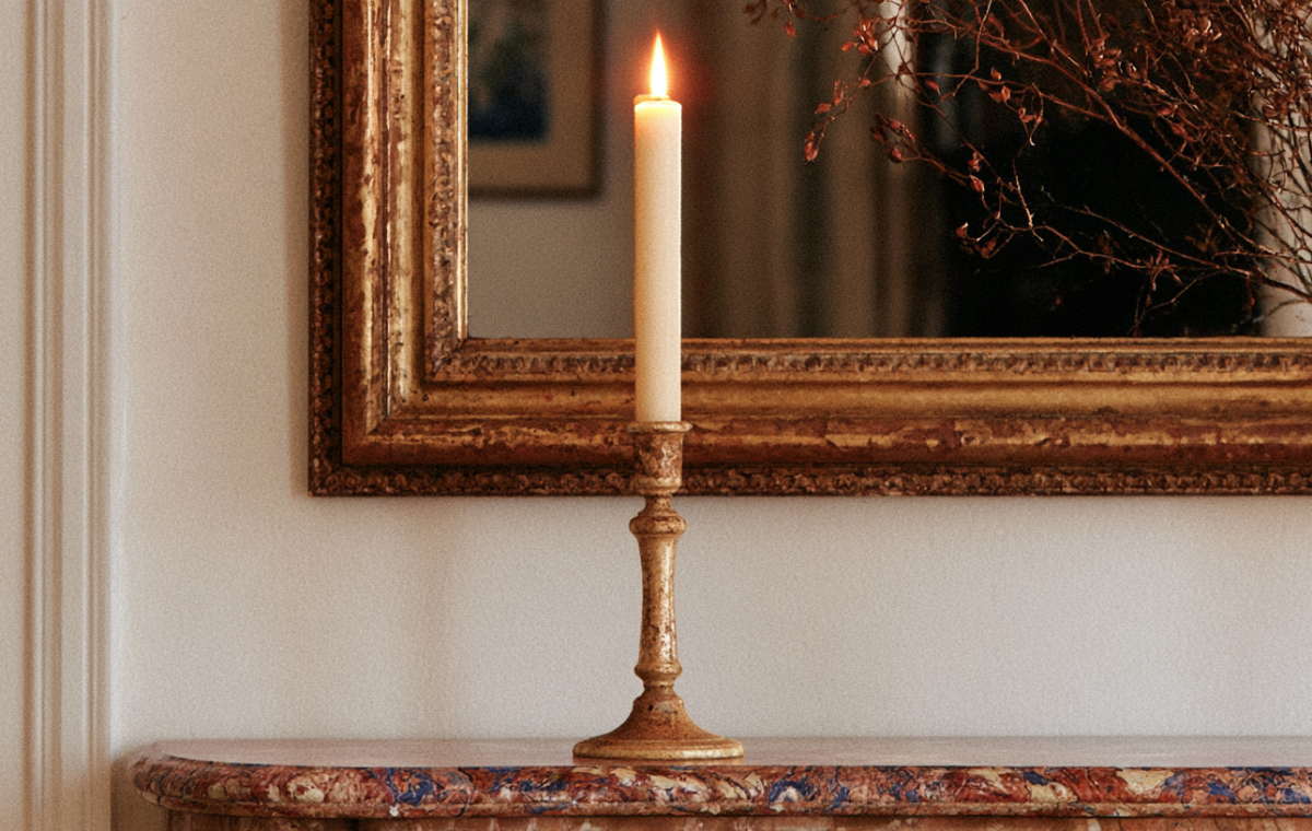 An antique brass candle holder with a lit taper candle resting on a marble console table.