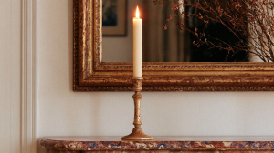 An antique brass candle holder with a lit taper candle resting on a marble console table.
