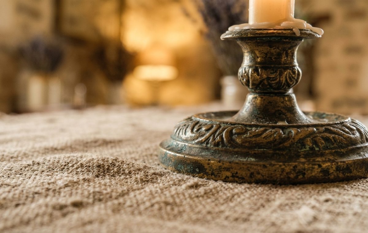 Close up of an ornate antique brass candle holder sitting on a textured linen table runner.