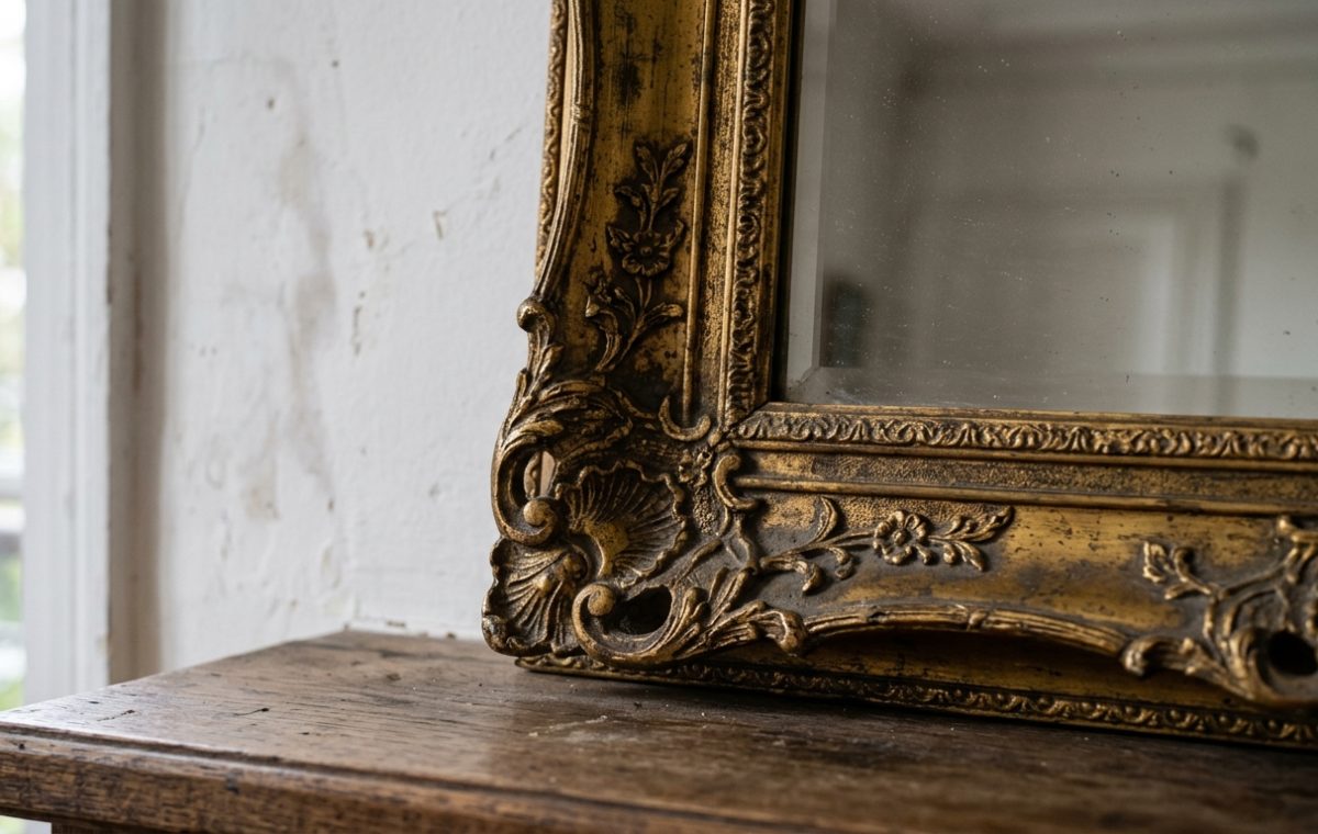 Close-up of an ornate antique gold mirror resting on a rustic wooden mantelpiece against a textured white wall.