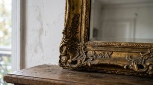 Close-up of an ornate antique gold mirror resting on a rustic wooden mantelpiece against a textured white wall.
