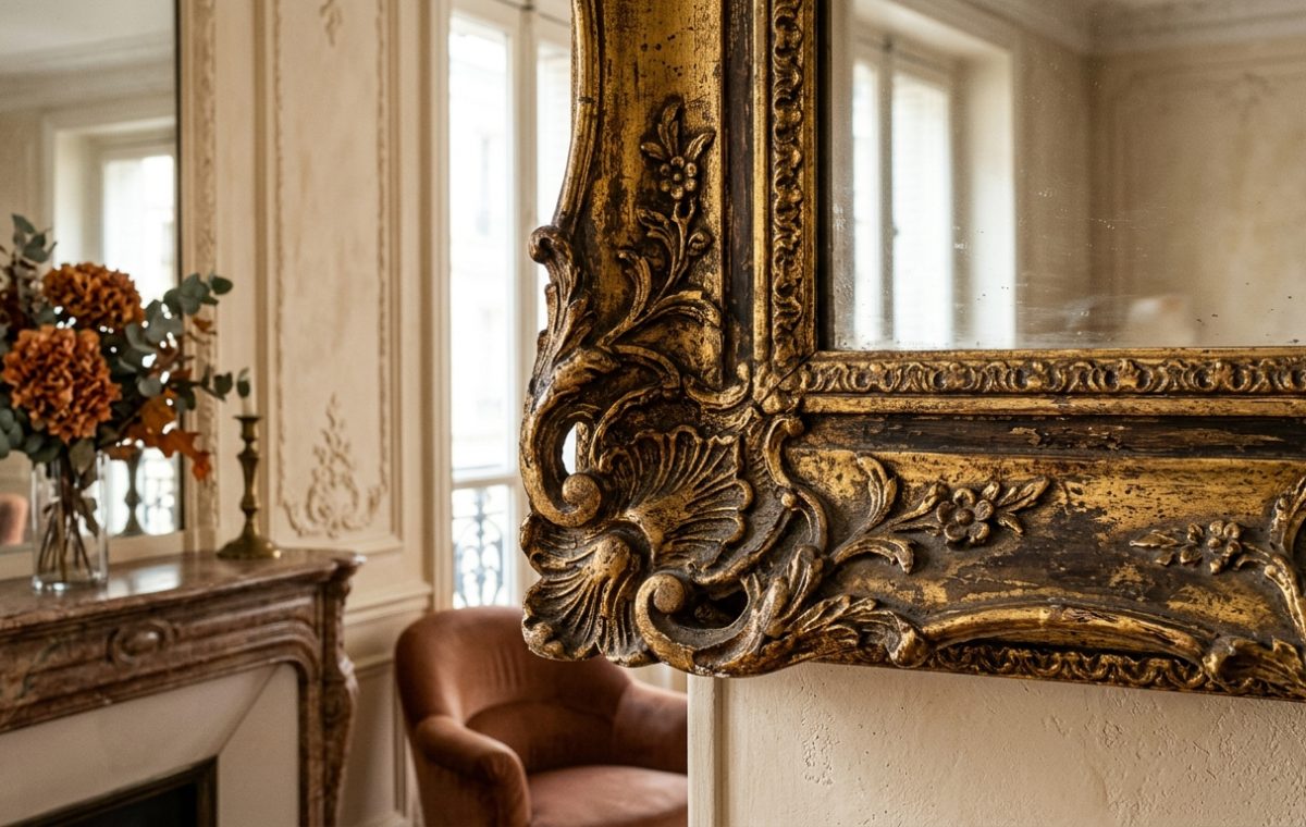 Close up of an ornate antique gold mirror frame hanging in a classic living room with a fireplace mantel.