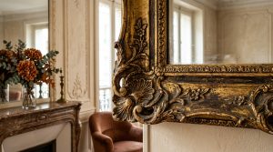 Close up of an ornate antique gold mirror frame hanging in a classic living room with a fireplace mantel.