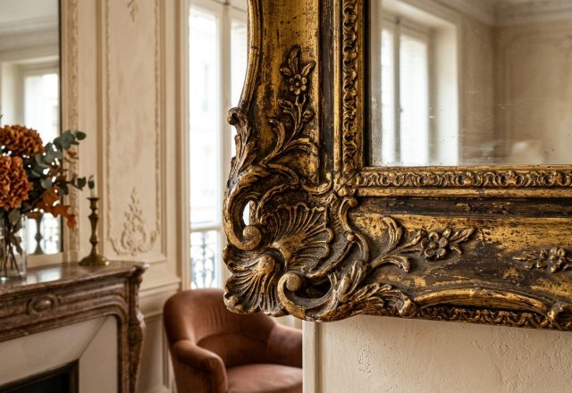 Close up of an ornate antique gold mirror frame hanging in a classic living room with a fireplace mantel.