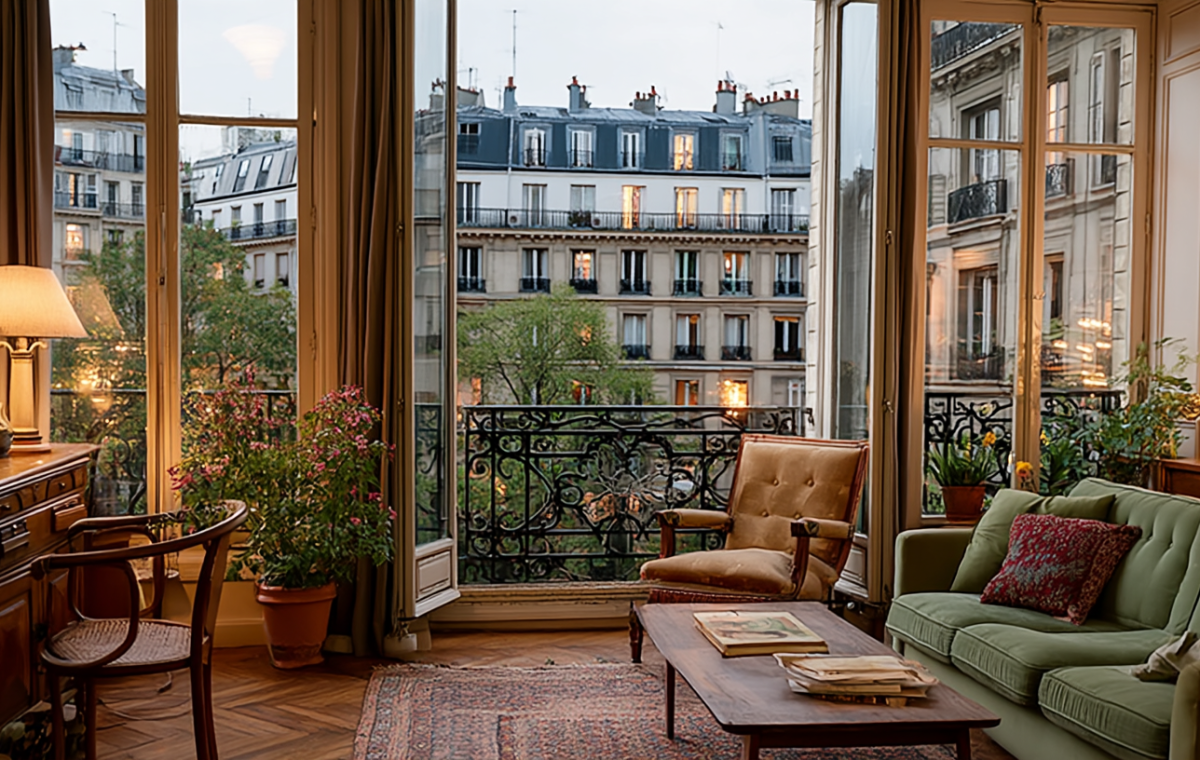 Parisian apartment living room with open doors showing an urban street view and balcony railings