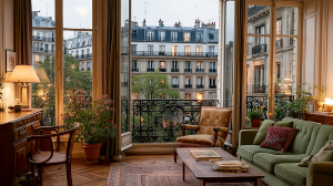Parisian apartment living room with open doors showing an urban street view and balcony railings