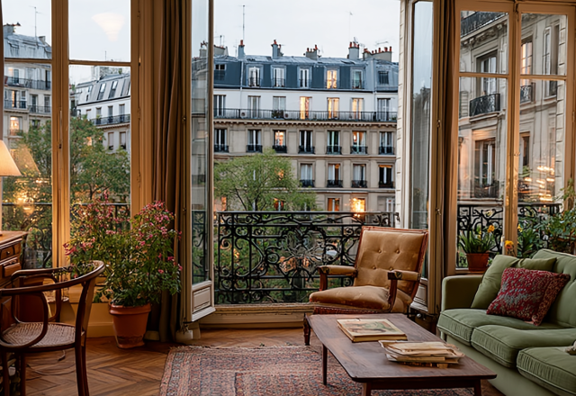 Parisian apartment living room with open doors showing an urban street view and balcony railings