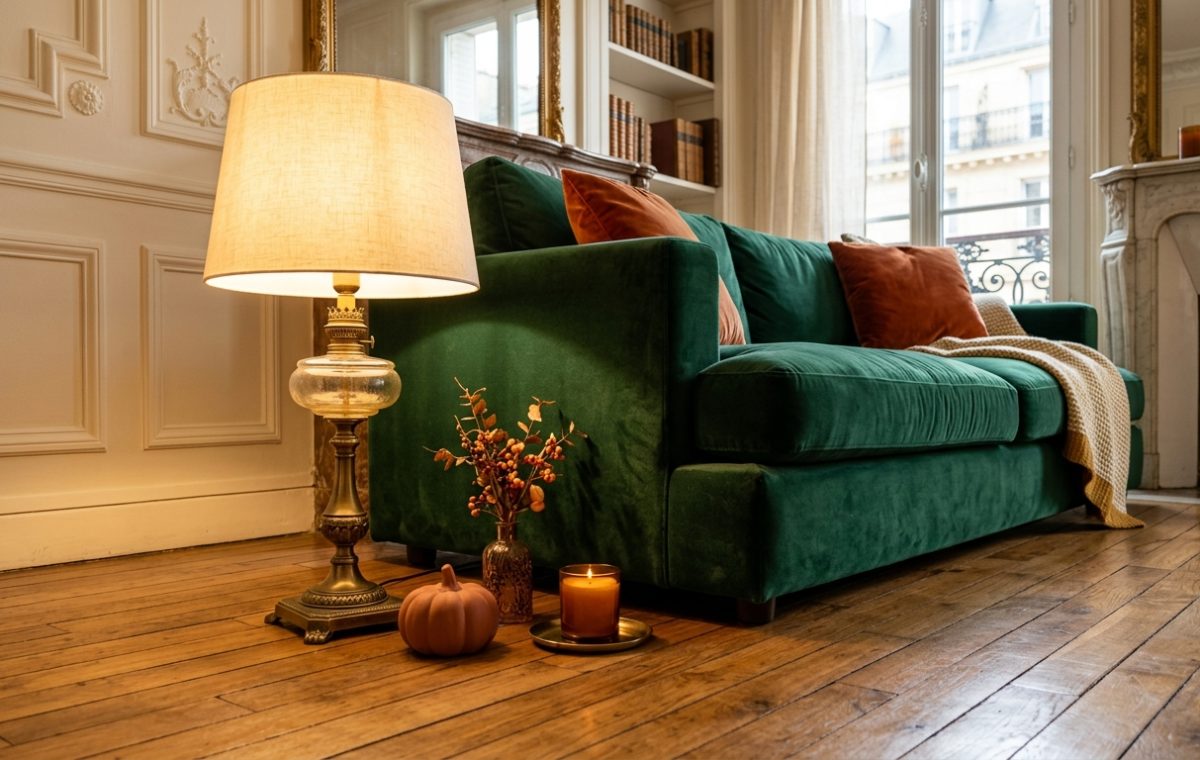 An emerald green sofa styled with a vintage brass lamp and autumn decor in a classic living room.