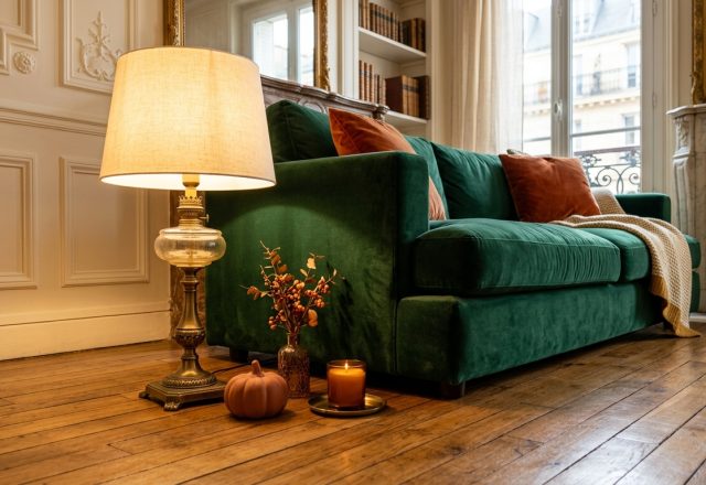 An emerald green sofa styled with a vintage brass lamp and autumn decor in a classic living room.