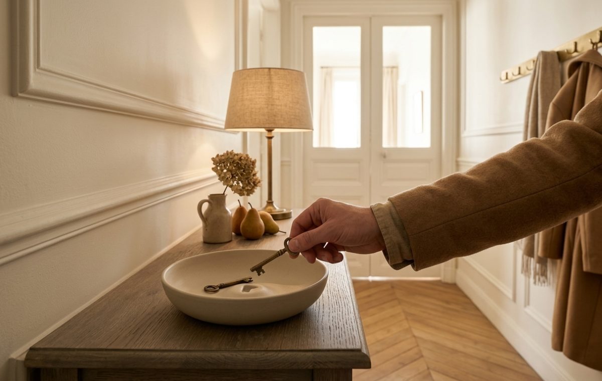 Hand dropping brass keys into a minimalist ceramic entryway catchall dish on a wooden console table.