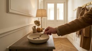 Hand dropping brass keys into a minimalist ceramic entryway catchall dish on a wooden console table.