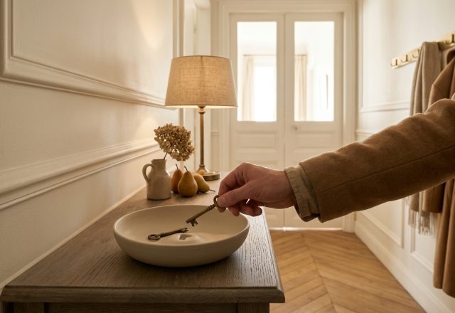 Hand dropping brass keys into a minimalist ceramic entryway catchall dish on a wooden console table.