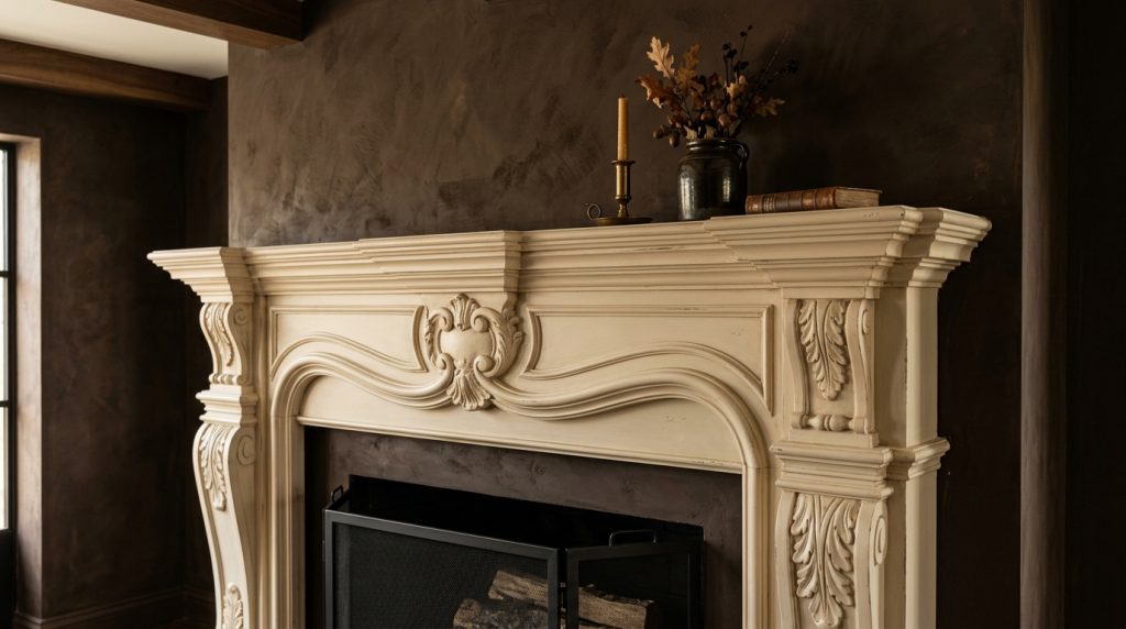 Styling An Ornate Fireplace Mantel In A Moody Living Room