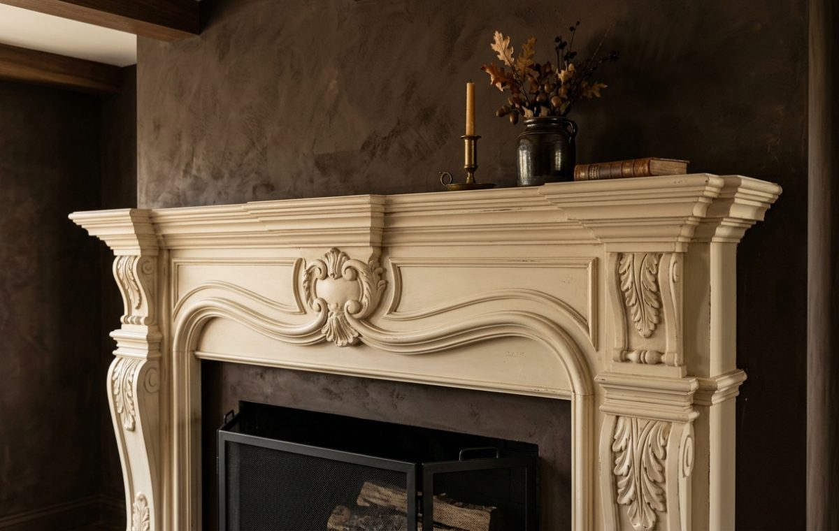 An ornate fireplace mantel in cream finish mounted on a dark textured wall in a living room.