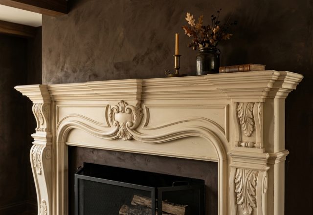 An ornate fireplace mantel in cream finish mounted on a dark textured wall in a living room.