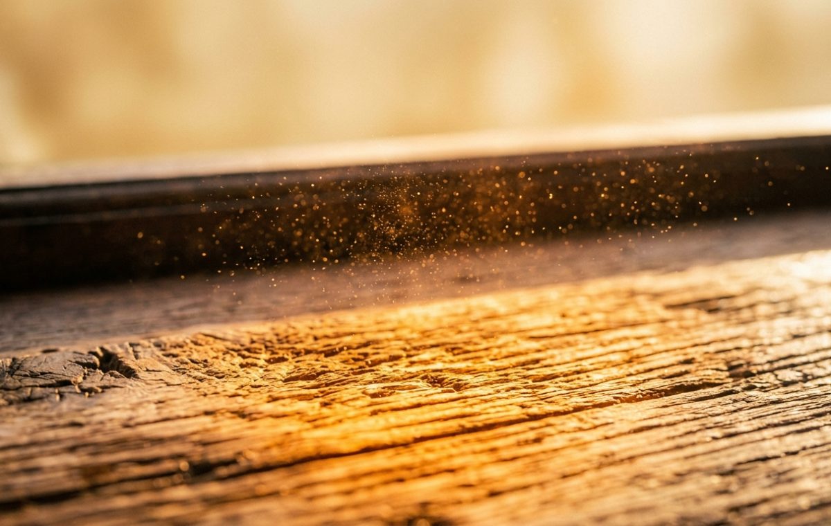 Close up of dust motes dancing in morning sunlight over a rustic wood window sill.