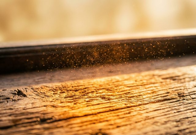 Close up of dust motes dancing in morning sunlight over a rustic wood window sill.