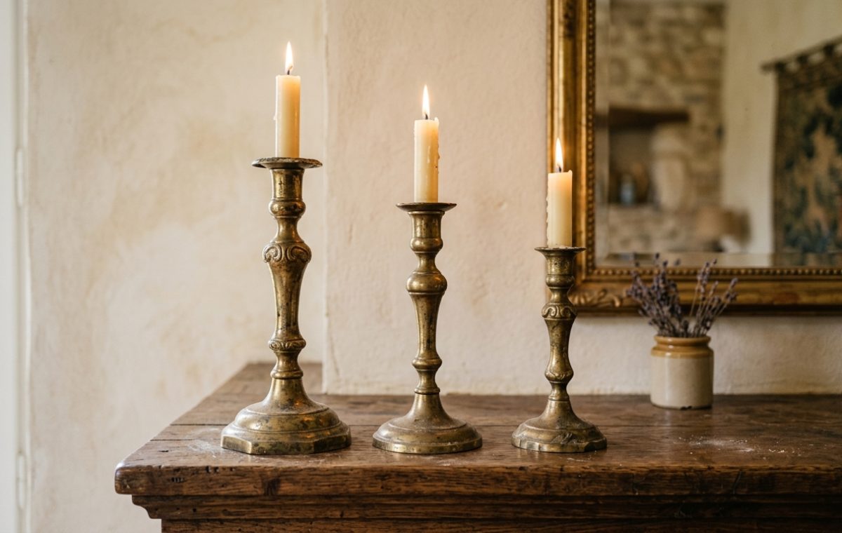 Three graduated antique brass candlesticks styled on a rustic wooden console table against a textured plaster wall.