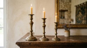 Three graduated antique brass candlesticks styled on a rustic wooden console table against a textured plaster wall.