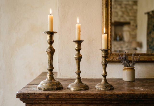 Three graduated antique brass candlesticks styled on a rustic wooden console table against a textured plaster wall.