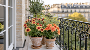 Terracotta balcony flower pots filled with orange chrysanthemums against a wrought iron railing