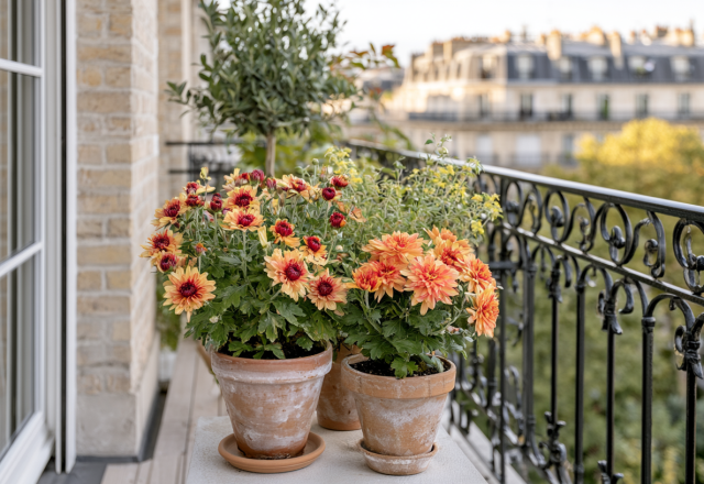 Terracotta balcony flower pots filled with orange chrysanthemums against a wrought iron railing