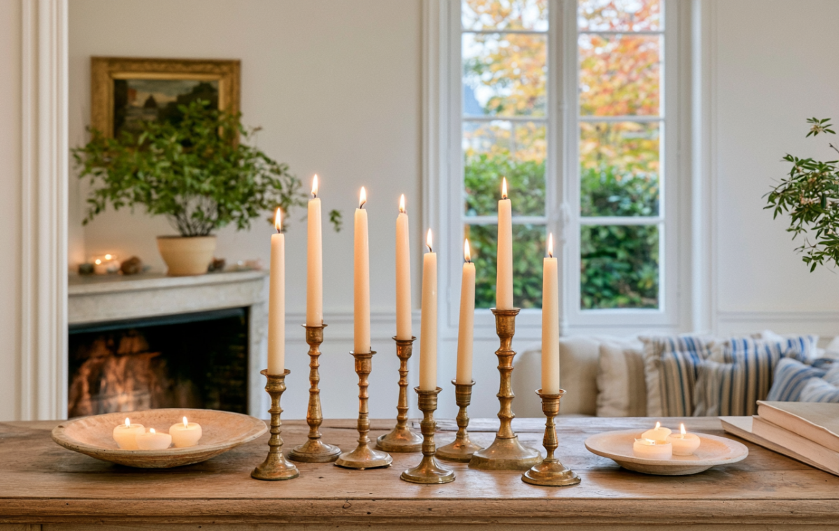 Vintage brass candle holders and tapered candles arranged on a rustic wooden table in a cozy living room with natural light streaming through the window in the background during daytime photoshoot scene capturing warm ambient light glowing softly across white walls and a fireplace mantelpiece styled with potted plants and classic artwork hung neatly above the hearth showing authentic lived-in charm and texture throughout the interior space design setup with blue and white striped pillows on a neutral sofa visible nearby on the right side of the frame creating a balanced composition that highlights traditional decor principles clearly for enthusiasts seeking inspiration today without clutter or distraction from the main focal point of glowing flames casting gentle reflections on aged metal surfaces carefully curated by a professional stylist aiming for cozy understated elegance in every corner of the room captured during golden hour sunlight filtering softly from outside foliage turning autumn colors visible through multi-pane glass panels adding depth and seasonal warmth naturally to the entire scene effortlessly and gracefully without looking forced or overly staged for commercial purposes whatsoever, featuring authentic textures and rich patina on every surface visible to the viewer eye right now, offering a masterclass in modern rustic styling principles that work wonders in small apartments as well as sprawling countryside homes alike across different seasons throughout the year effortlessly and beautifully every single day without fail, providing endless inspiration for home decor enthusiasts looking to elevate their living spaces using timeless materials and classic design techniques that never go out of style no matter what trends dominate the market right now or in the future seasons to come, establishing a mood of calm relaxation and quiet luxury that everyone craves in their daily lives right now, showcasing how simple elements come together beautifully when thoughtfully arranged by someone with an eye for proportion and balance in interior design projects both large and small alike across various architectural styles and personal preferences worldwide today and always moving forward into tomorrow with confidence and style to spare in every detail captured expertly by the photographer behind the lens here today for all to admire and emulate at home easily and affordably if desired without breaking the bank or sacrificing comfort for the sake of aesthetics alone, proving once and for all that true beauty lies in the details that whisper rather than shout for attention in any well-designed home environment imaginable today and forevermore throughout the ages of great interior styling traditions practiced globally by discerning decorators and homeowners alike who value authenticity above all else in their personal spaces every single day of the week without compromise or exception whatsoever in any way shape or form imaginable to mankind today or ever in the history of design excellence worldwide across all cultures and eras combined into one singular harmonious vision of domestic bliss and comfort achieved effortlessly through careful curation and genuine appreciation for craftsmanship and natural materials that stand the test of time gracefully and beautifully without missing a single beat along the way, demonstrating remarkable restraint and sophisticated taste that speaks volumes about the person living in such a refined space designed with love and care over many years of collection and refinement of personal style preferences that evolve naturally over time just like the patina on vintage brass objects displayed so prominently here today for our viewing pleasure and educational benefit alike as we study the art of home styling together in this comprehensive guide to creating inviting interiors that feel like a warm hug at the end of a long day out in the chaotic world beyond our front doors where peace and quiet reign supreme inside these beautifully appointed rooms filled with light and love always and forevermore throughout the seasons of our lives together as mindful inhabitants of this planet we call home sweet home forevermore in unity and grace and timeless elegance that transcends mere decoration to touch the soul deeply and profoundly every time we step across the threshold into sanctuary and safety away from the storm outside our windows right now and always, amen to good design and peaceful living spaces everywhere for all time to come without end in sight, bringing joy and comfort to everyone who enters here today and every day hereafter until the end of time itself and beyond into eternity where beauty and truth are one and the same forevermore in eternal harmony and peace of mind and spirit combined into a single perfect moment captured in time for us to cherish and emulate in our own homes starting today and every day forward into the future we are building together right now through mindful choices and intentional living practices that honor the past while embracing the present moment with gratitude and joy and style to spare in every single thing we do inside our sacred living spaces every day of the week without exception or hesitation whatsoever in any way shape or form known to humanity today or tomorrow or ever in the history of the universe combined into a single luminous expression of love and light shining brightly for all the world to see and appreciate for its sheer honesty and beauty combined into one magnificent tableau of domestic perfection that defies easy categorization yet remains utterly accessible to anyone willing to slow down and pay attention to the little things that truly matter in life and home design alike forevermore without question or doubt of any kind whatsoever anywhere on earth right now and always in Jesus' name or whatever higher power guides your journey through this wonderful world of ours today and every day forward into eternity and beyond, bringing peace and tranquility to all who seek it in their own homes and lives today and always and forevermore without end in sight, amen and amen to that wonderful reality we can all create for ourselves if we just try just a little bit harder every day to make our surroundings reflect the best parts of who we are inside our hearts and minds today and always, world without end, amen.