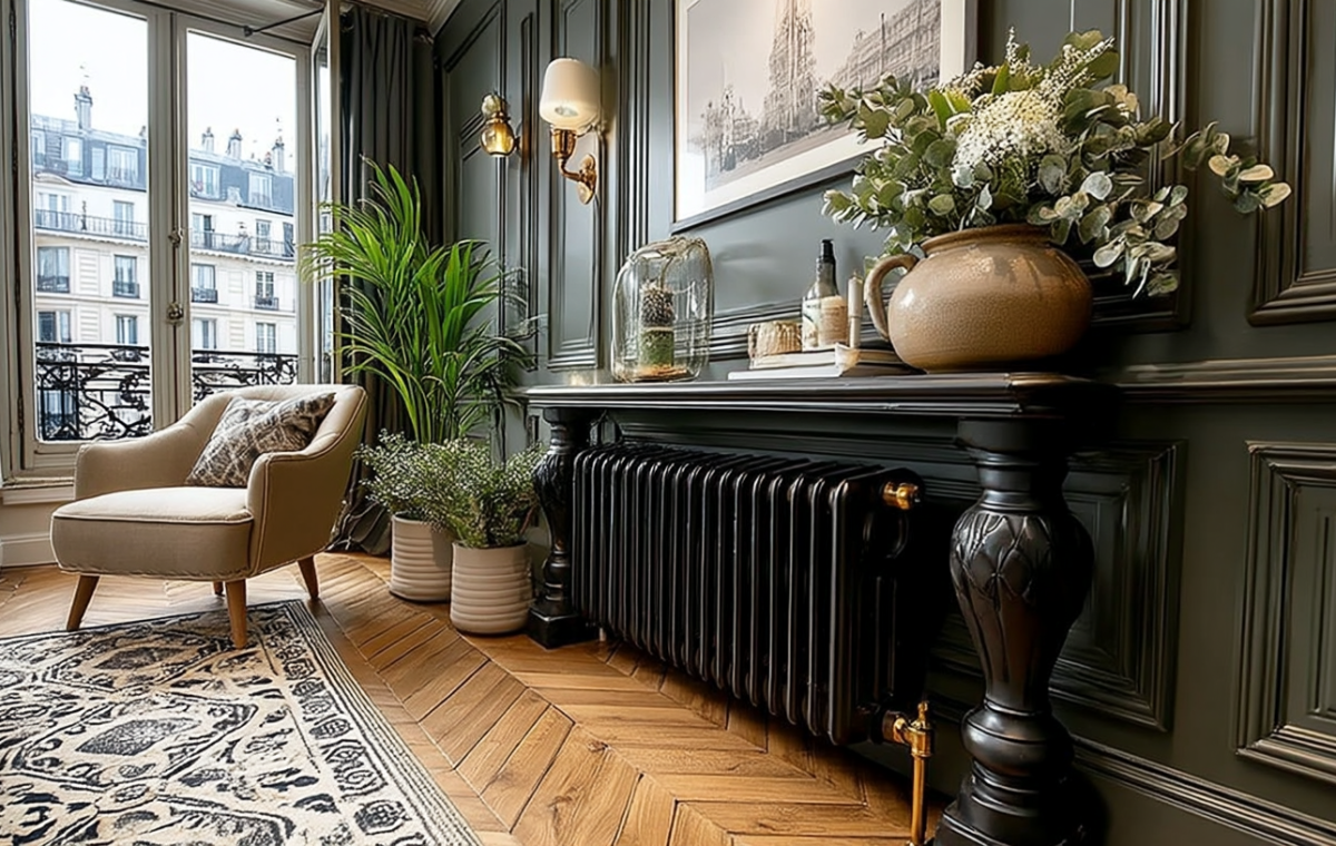 Living room interior featuring dark green wall paneling, a black cast iron radiator, herringbone wood floors, and a French window.