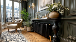 Living room interior featuring dark green wall paneling, a black cast iron radiator, herringbone wood floors, and a French window.
