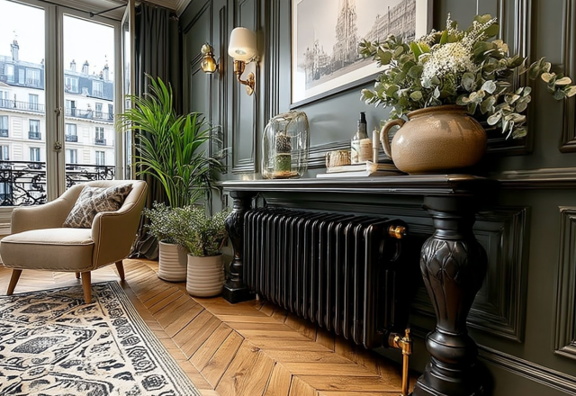 Living room interior featuring dark green wall paneling, a black cast iron radiator, herringbone wood floors, and a French window.