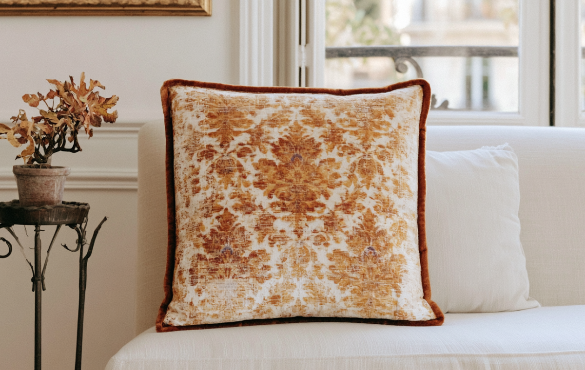 A patterned damask decorative throw pillow with terracotta trim resting on a white sofa next to a vintage plant stand.