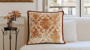 A patterned damask decorative throw pillow with terracotta trim resting on a white sofa next to a vintage plant stand.