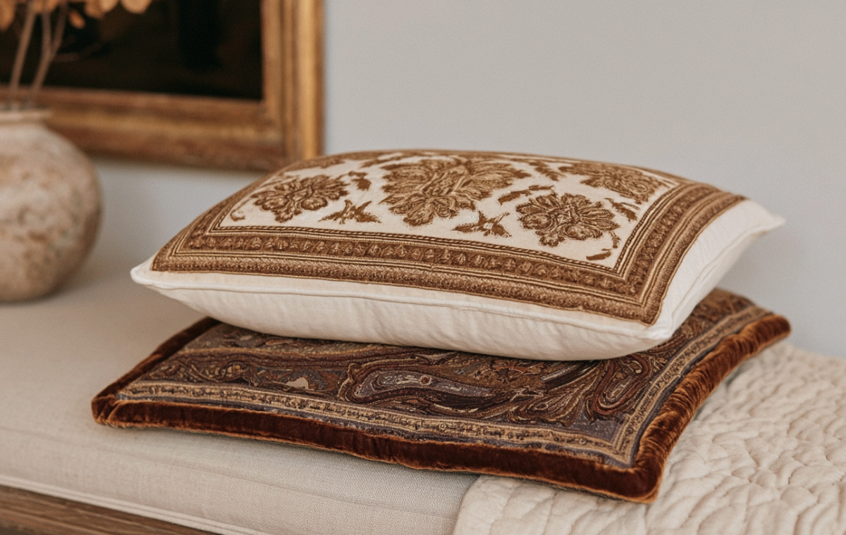 Stack of decorative throw pillows featuring damask patterns and velvet trim on an upholstered bench.