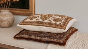 Stack of decorative throw pillows featuring damask patterns and velvet trim on an upholstered bench.