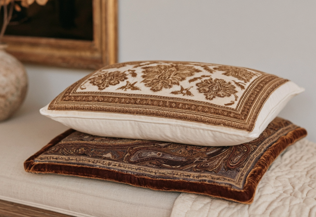 Stack of decorative throw pillows featuring damask patterns and velvet trim on an upholstered bench.