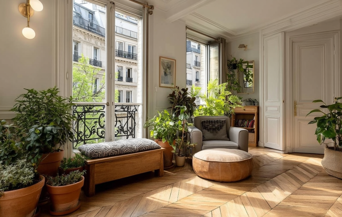 French apartment living room plants styled near tall windows with herringbone parquet flooring.
