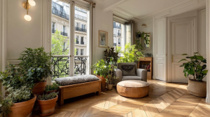 French apartment living room plants styled near tall windows with herringbone parquet flooring.