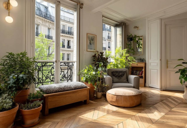 French apartment living room plants styled near tall windows with herringbone parquet flooring.