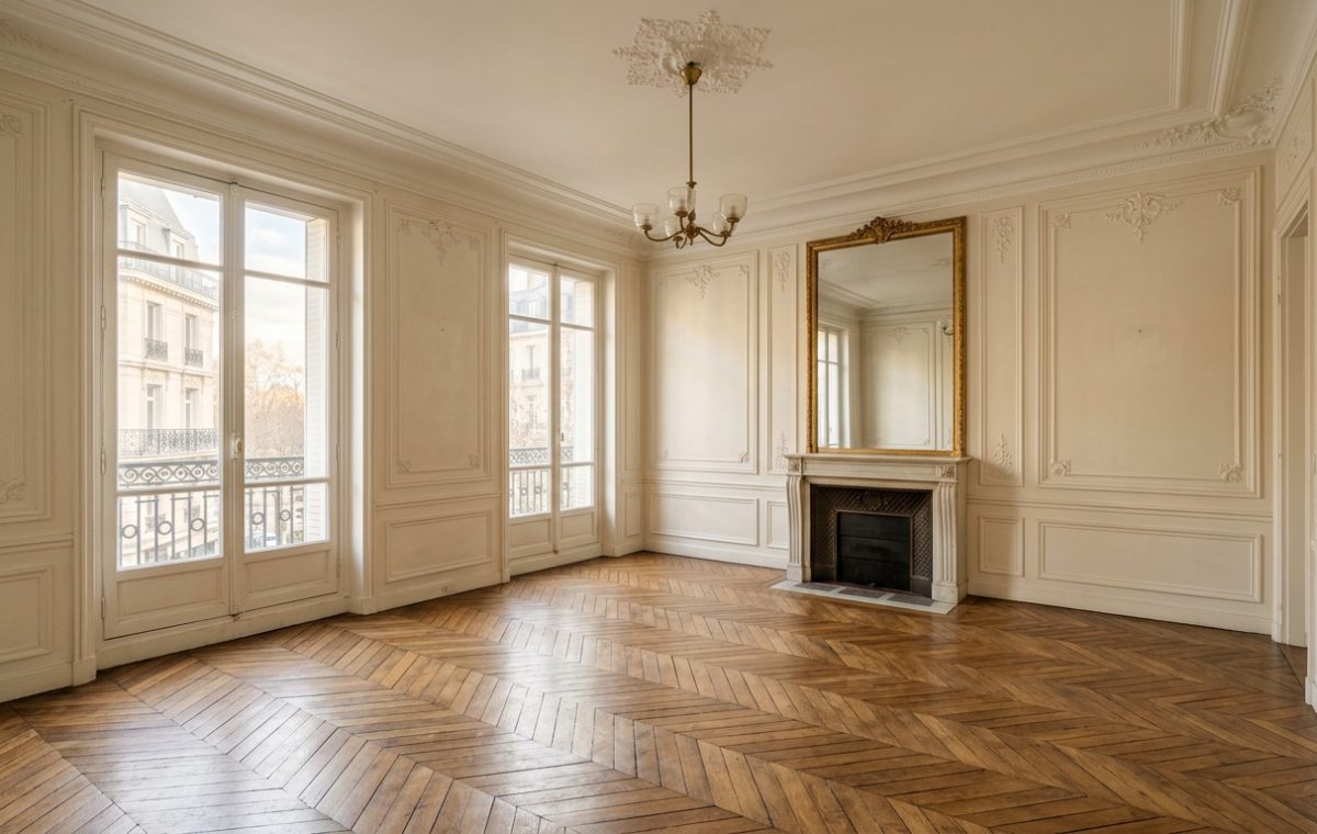 An empty classic room featuring French herringbone wood floors, white boiserie wall moldings, and an antique fireplace.