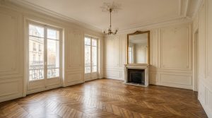 An empty classic room featuring French herringbone wood floors, white boiserie wall moldings, and an antique fireplace.