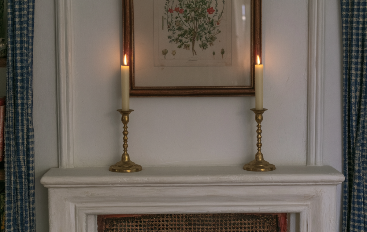 Two lit brass candlestick holders placed symmetrically on a white fireplace mantel beneath a framed botanical illustration.