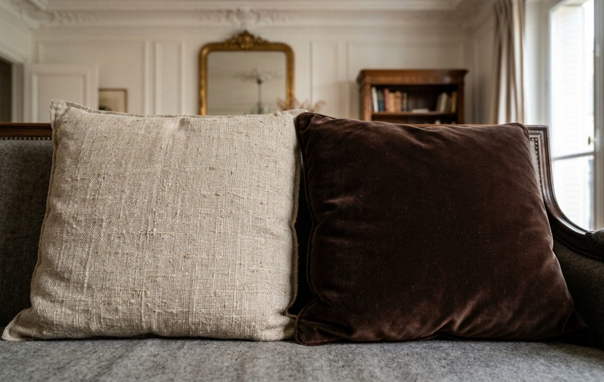 Neutral couch pillows featuring a textured linen cushion paired with a brown velvet pillow on a grey sofa.