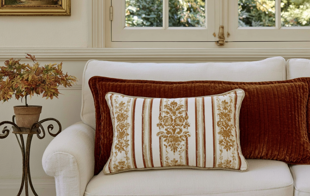 Rust colored throw pillows and a patterned bolster cushion styled on a cream sofa.