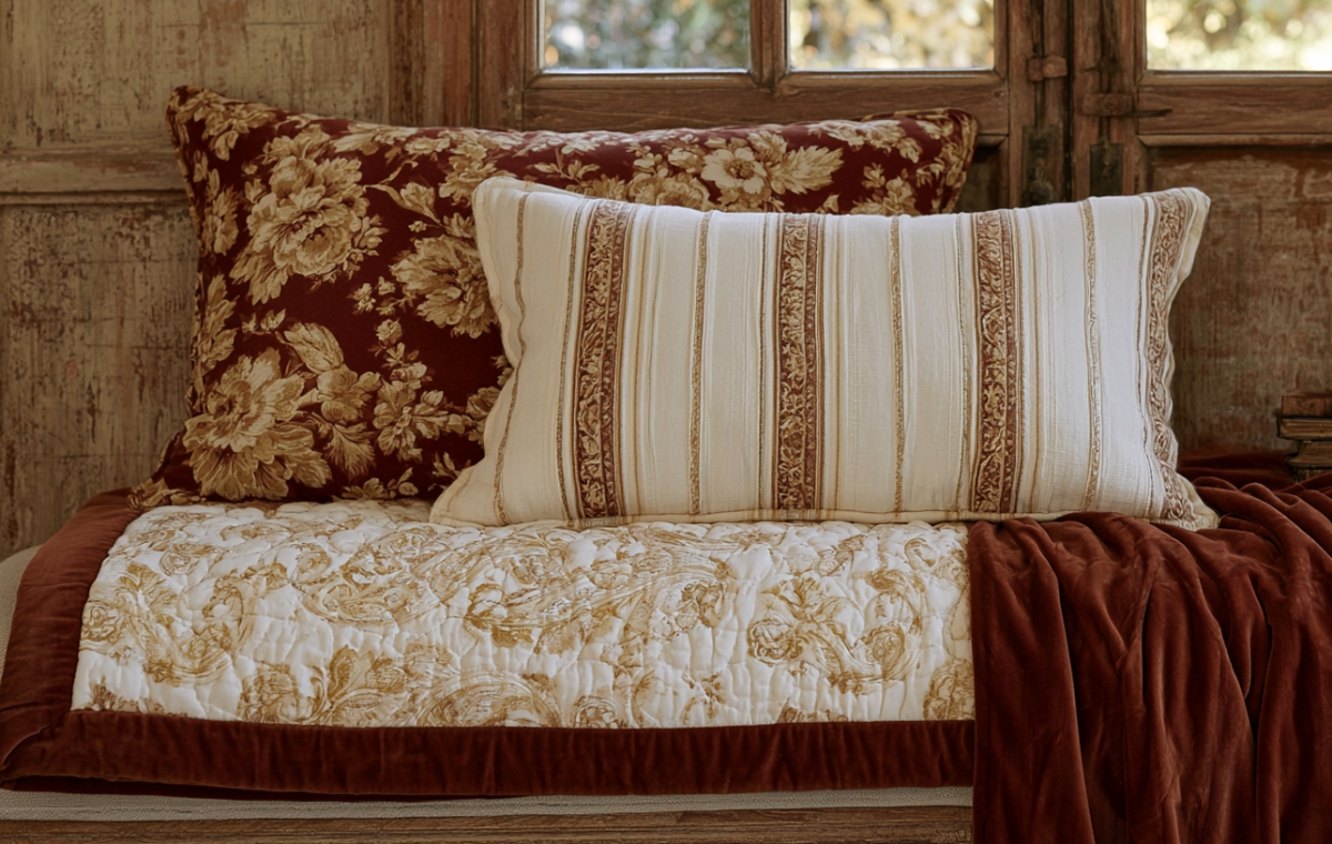 Rustic bed throw pillows featuring vintage floral prints and striped bolster designs in a warm bedroom setting.
