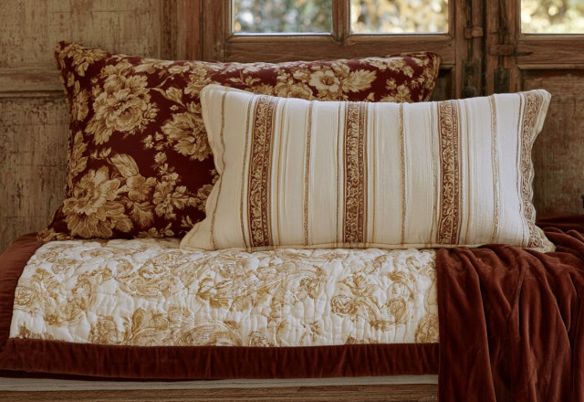 Rustic bed throw pillows featuring vintage floral prints and striped bolster designs in a warm bedroom setting.