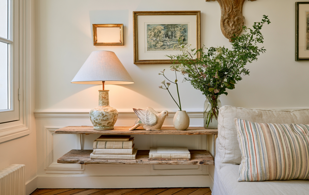 Rustic floating shelves styled with a ceramic lamp, vintage books, and green branches next to a cozy sofa in a bright living room.
