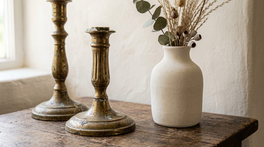 Styling Rustic Tabletop Decor With Vintage Brass Ceramic