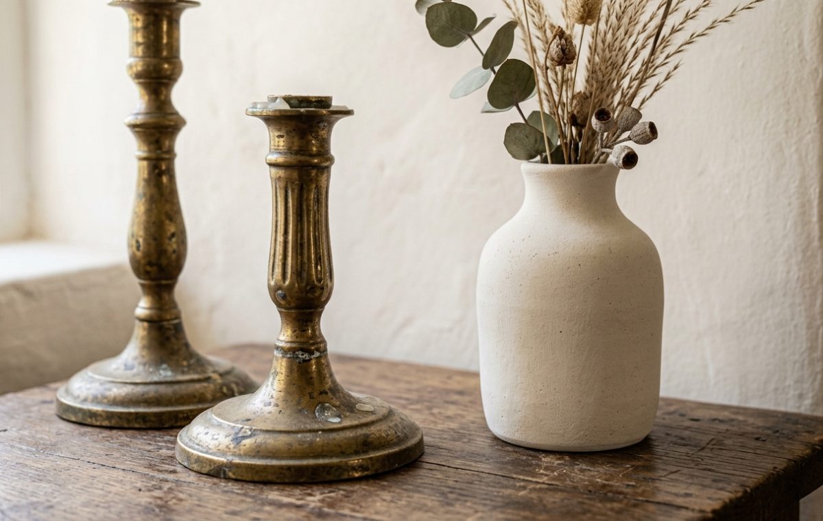 Rustic tabletop decor featuring vintage brass candlesticks and a white ceramic vase with dried botanicals on a wood table.