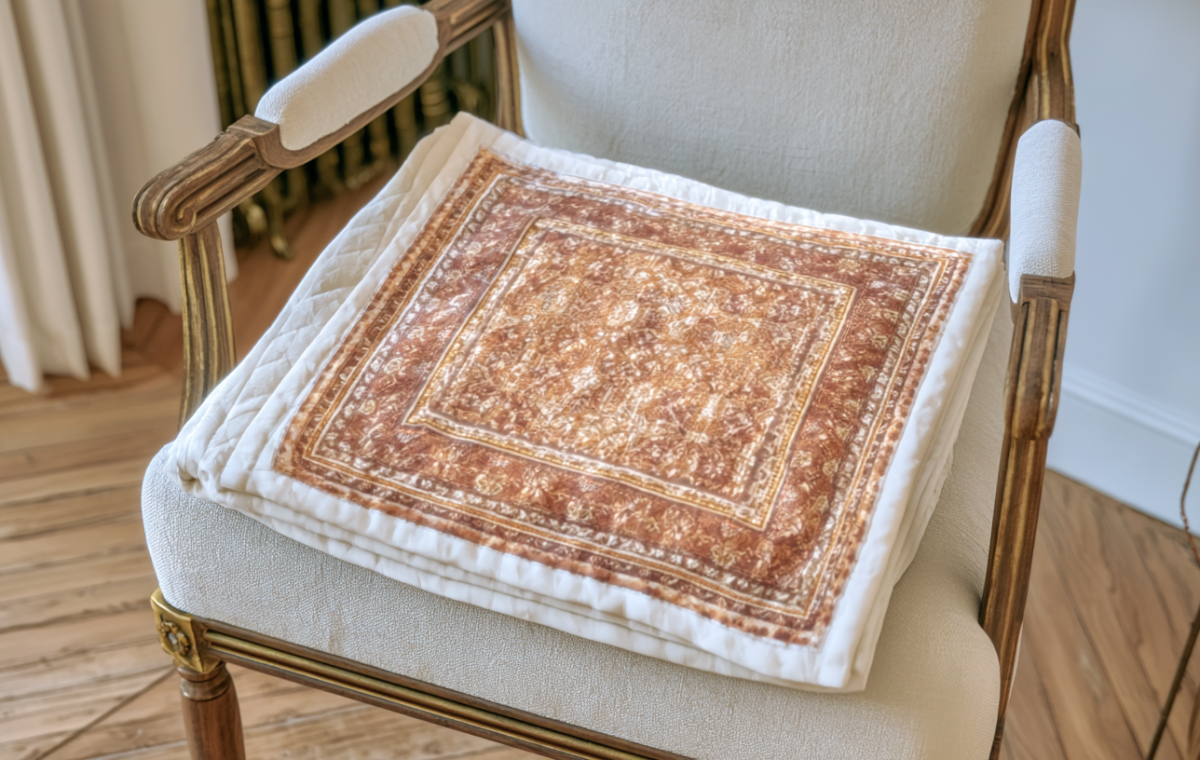 Vintage seat cushion with traditional motifs resting on a classic upholstered armchair