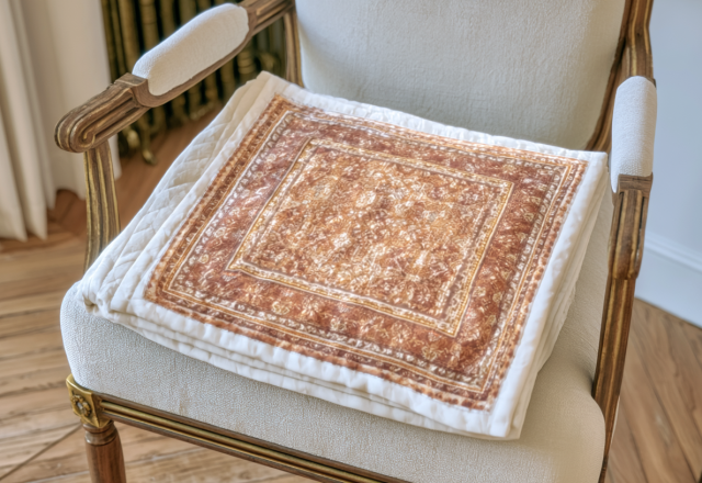 Vintage seat cushion with traditional motifs resting on a classic upholstered armchair